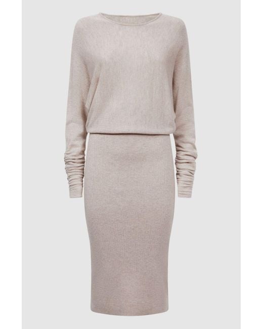 Reiss Natural Leila - Neutral Petite Wool Blend Ruched Sleeve Midi Dress