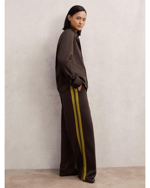 Reiss Brown Knitted Side-Stripe Wide-Leg Trousers