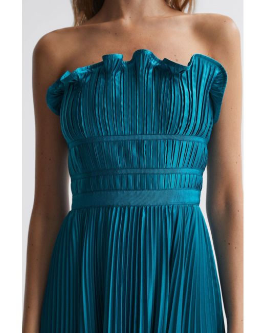 AMUR Blue Strapless Pleated Midi Dress