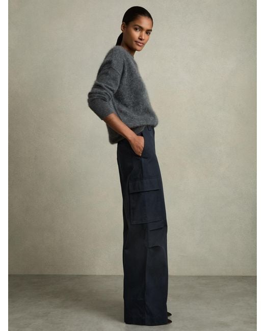 Reiss Blue Cotton-Tencel Wide-Leg Combat Trousers