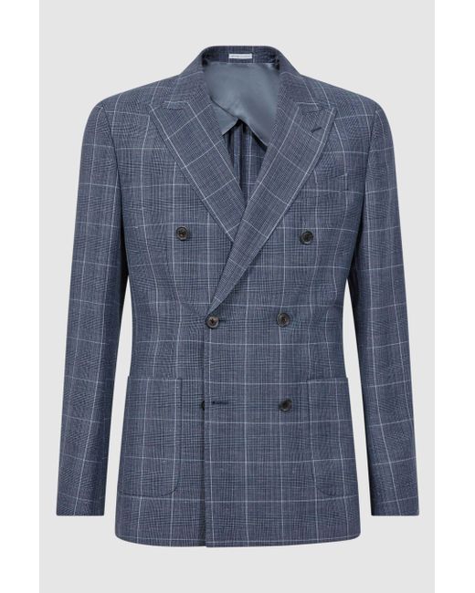 Reiss Blue Aintree - Indigo Slim Fit Wool Linen Check Double Breasted Blazer for men
