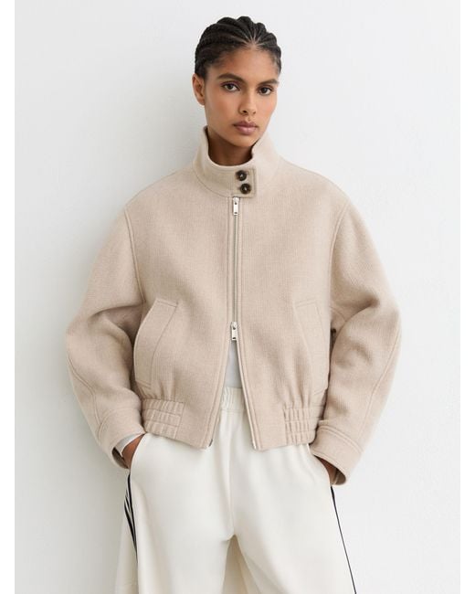 Reiss Natural Elodie - Neutral Wool Funnel-neck Bomber Coat, Us 10