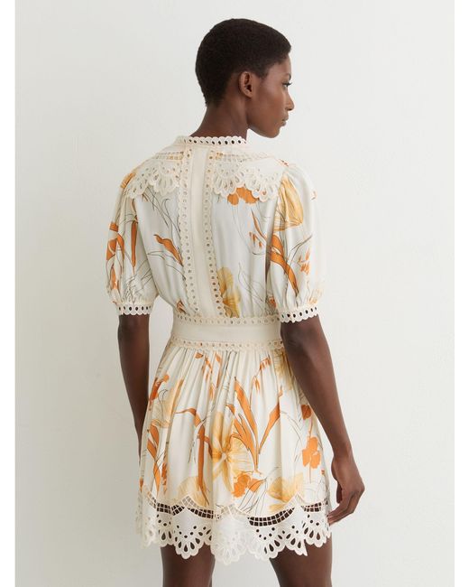 Reiss Natural Floral-Print Lace-Trim Mini Dress