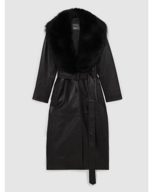 Reiss Estee - Black Leather Trench Coat With Shearling Collar, Us 8