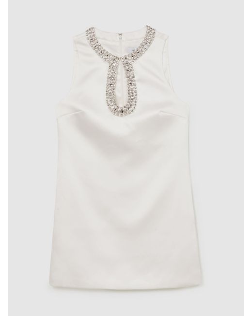 Reiss White Satin Crystal-Embellished Mini Dress