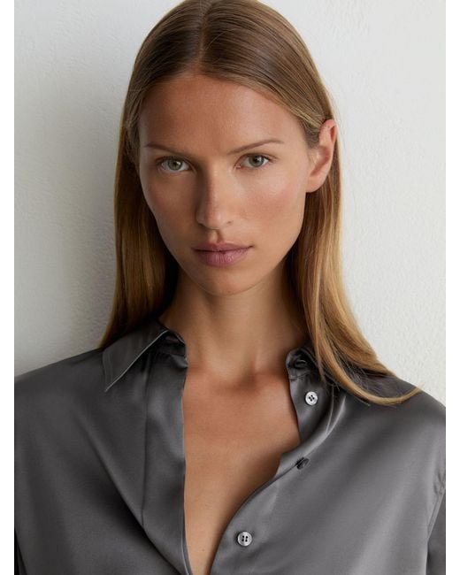 Reiss Gray Silk-Satin Concealed-Placket Shirt