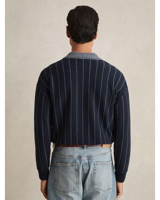 Reiss Blue Winslow - Navy Wool Open-collar Stripe Polo Shirt, M for men