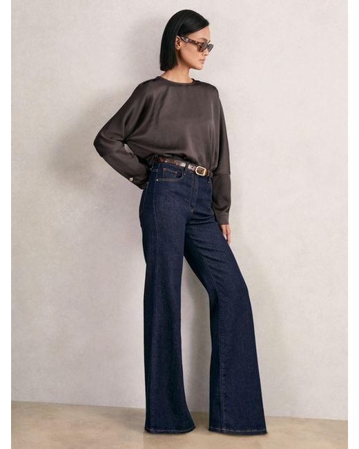 Reiss Blue Satin Button-Back Long-Sleeve Top