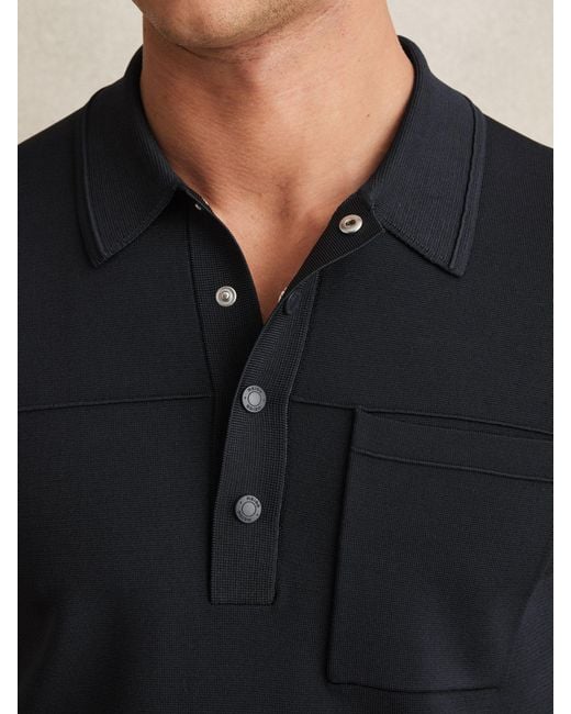 Reiss Black Press-Stud Seam-Detail Polo Shirt for men