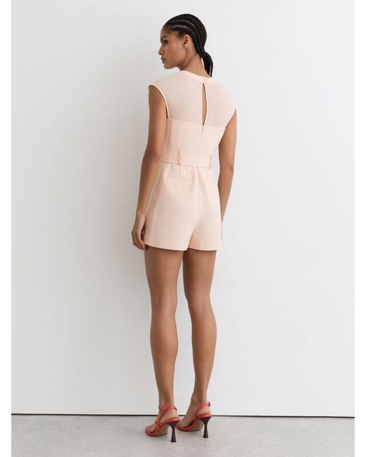 Reiss Natural Sheer-Panel Structured Belted Playsuit