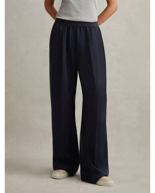 Reiss Blue Vera - Navy Lyocell Linen Wide Leg Trousers