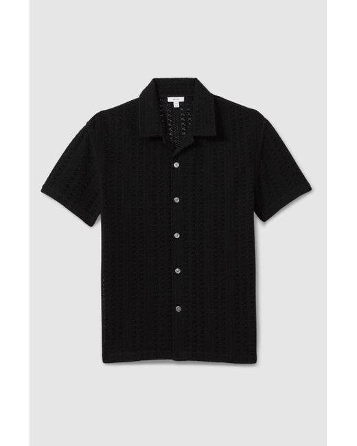Reiss Paradise - Black Cotton Crochet Cuban Collar Shirt for men