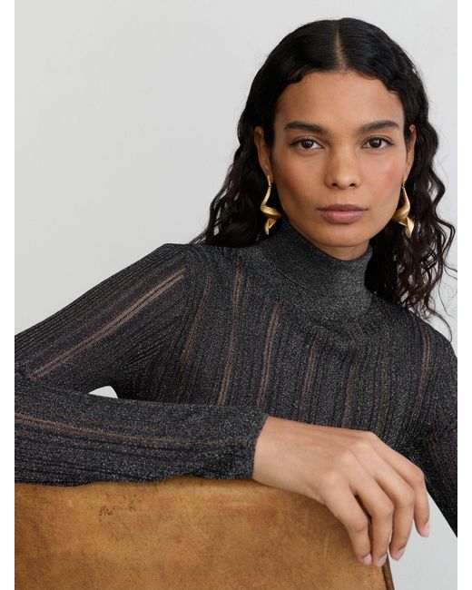 Reiss Black Metallic Open-Knit Roll-Neck Top