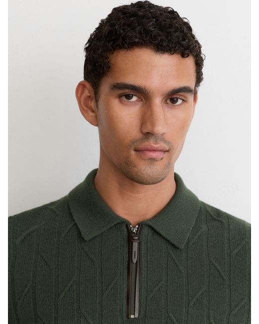 Reiss Green Wool Stitch-Detail Half-Zip Polo Jumper for men