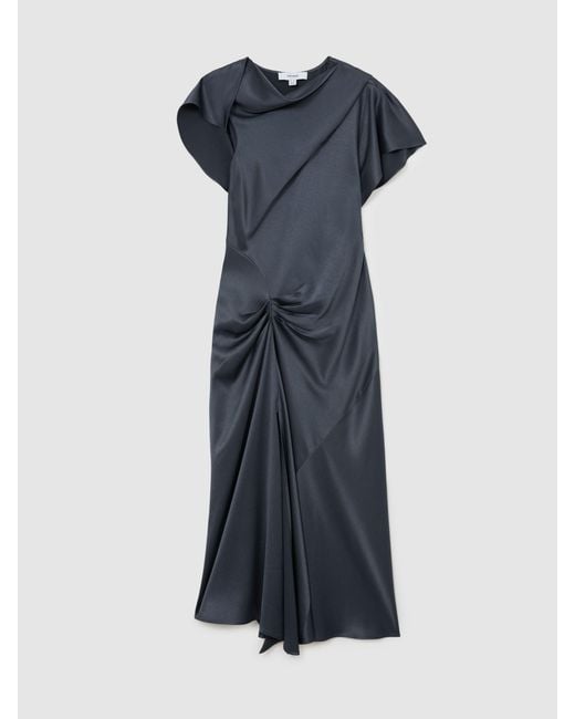 Reiss Blue Sasha - Slate Grey Satin Drape-detail Midi Dress, Us 6