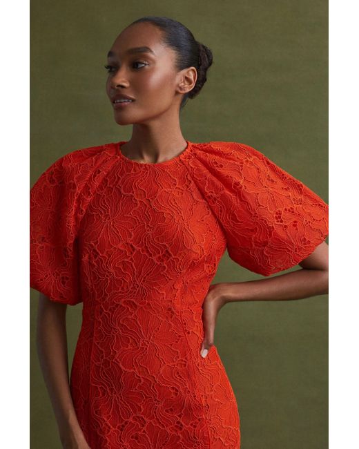 Florere Red Lace Puff Sleeve Midi Dress