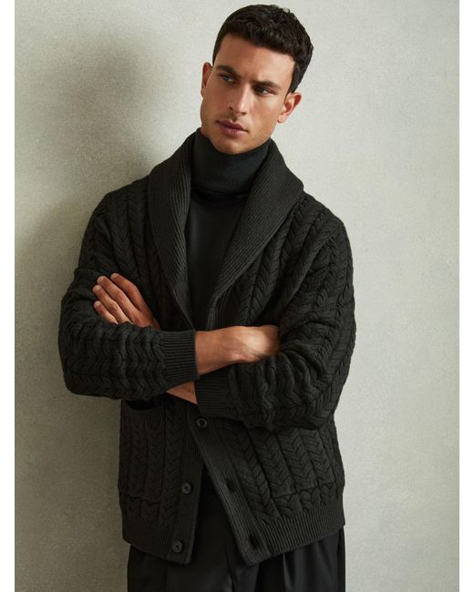 Reiss Black Cabled Shawl-Collar Cardigan With Cotton And Wool for men