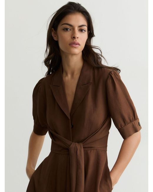 Reiss Brown Short-Sleeve Belted Midi Dress With Linen