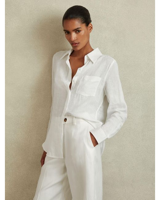 Reiss Natural Campbell - White Linen Long Sleeve Shirt, Us 0