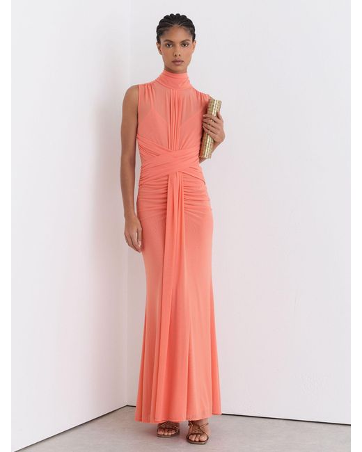 Reiss Red Sheer Ruched Sleeveless Maxi Dress