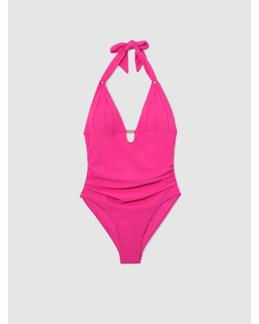 Reiss Nadine - Pink Pleat-detail Halterneck Swimsuit, Us 10
