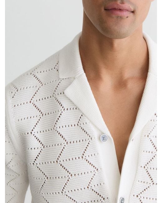 Reiss White Dalkeith Pointelle-Knit Cuban-Collar Shirt for men