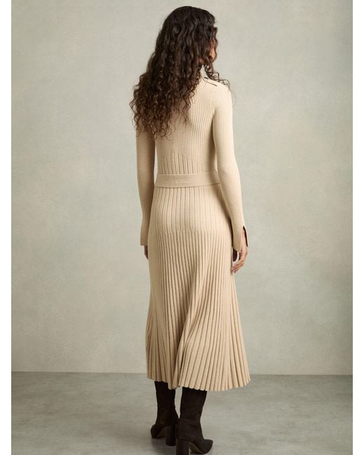 Reiss Natural Ribbed Belted Midi Dress