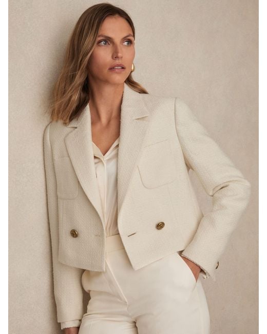 Reiss Natural Double-Breasted Textured Cropped Blazer With Wool And Cotton