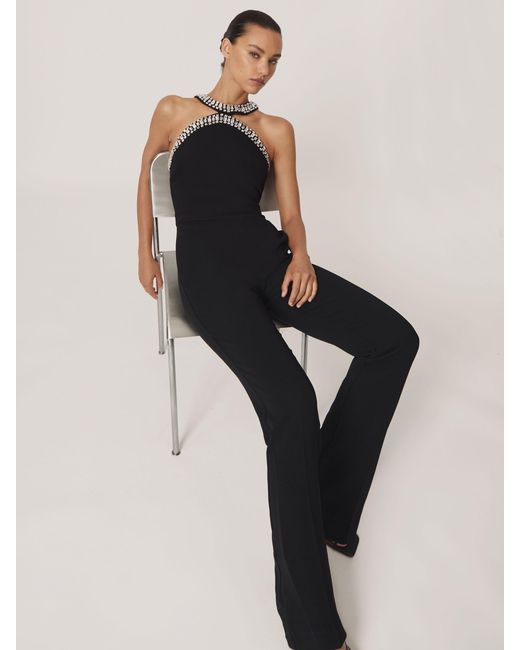 Reiss Black Crystal-Embellished Cut-Out Jumpsuit