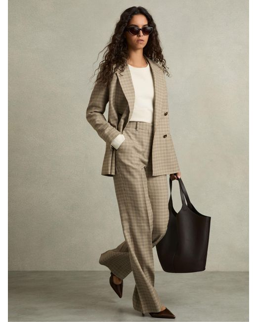 Reiss Natural Wool Wide-Leg Houndstooth-Check Trousers