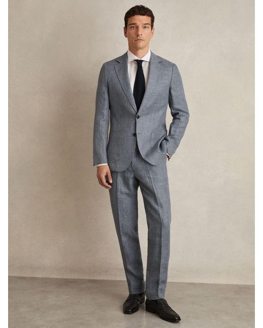 Reiss Gray Slim Fit Single Breasted Linen Check Suit Blazer for men