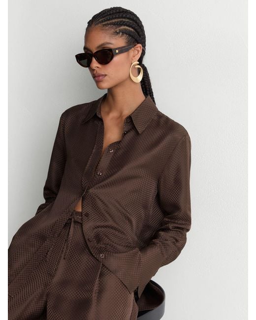 Reiss Aliana - Mocha Brown Silk Jacquard Long-sleeve Shirt, Us 4