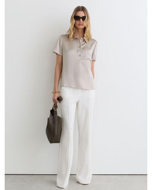 Reiss White Polly - Light Grey Silk Half-button Short-sleeve Shirt, Us 14