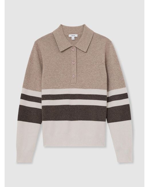 Reiss White Neutral & Chocolate Wool-Blend Rugby-Stripe Polo Top With Cashmere