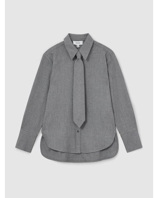 Reiss Gray Woven Neck-Tie Long-Sleeve Shirt