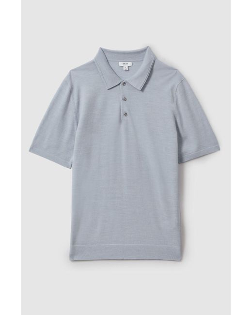 Reiss Gray Manor - Soft Blue Melange Merino Wool Polo Shirt, M for men