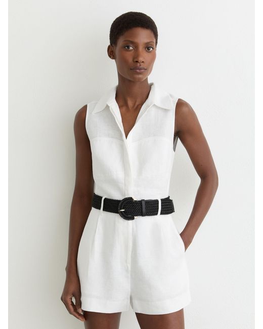 Reiss Natural Taylor - Ivory Linen Sleeveless Belted Playsuit, Us 10