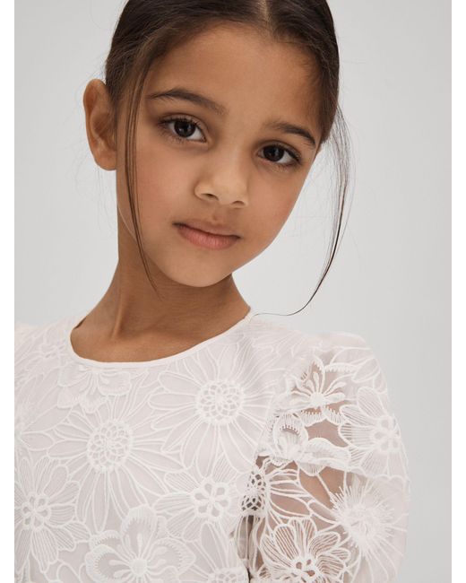 Reiss Natural Cotton Floral Lace Puff Sleeve Dress, Size: 13-14 Years