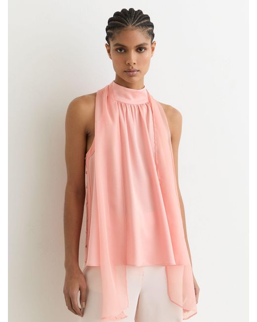 Reiss Pink Satin Sleeveless Scarf-Neck Top