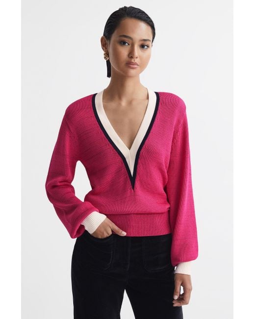 Reiss Talitha - Pink/ivory Contrast Trim Knitted Jumper