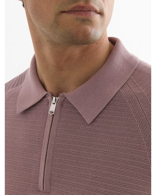 Reiss Purple Textured-Knit Half-Zip Polo Shirt for men