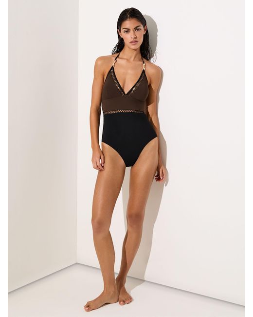 Reiss Black Chocolate & Colour-Block Lattice-Trim Swimsuit