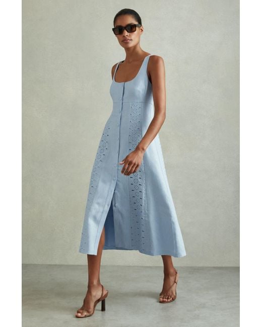 Reiss Blue Petite Linen Broderie Midi Dress