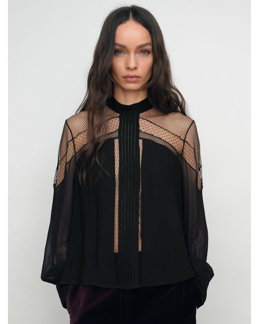 Reiss Marnie - Black Lace-insert Tie-back Blouse, Us 10