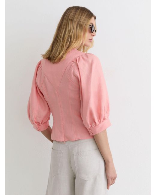 Reiss Pink Linen Balloon-Sleeve Top