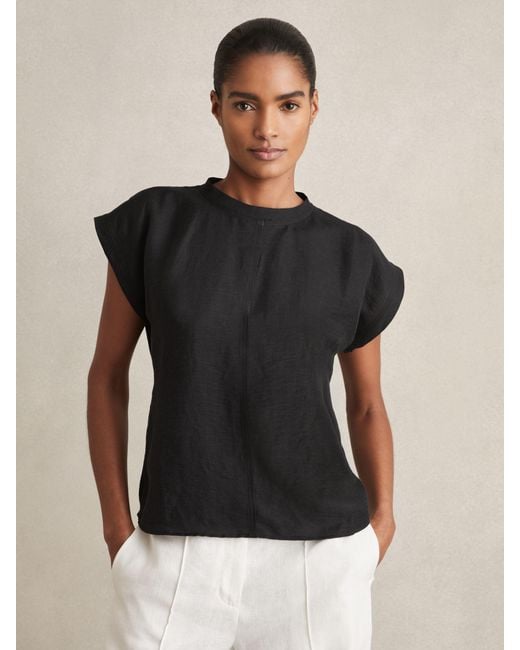 Reiss Black Linen-Blend Cap-Sleeve T-Shirt