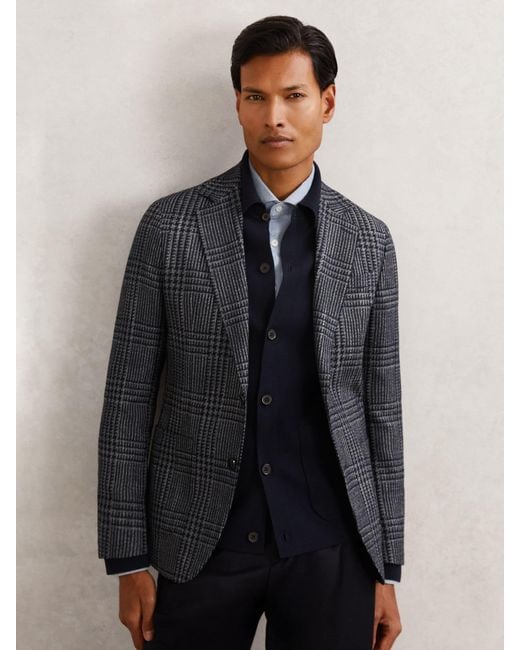 Reiss Blue Wool-Blend Check Single-Breasted Blazer Tailored-Fit for men