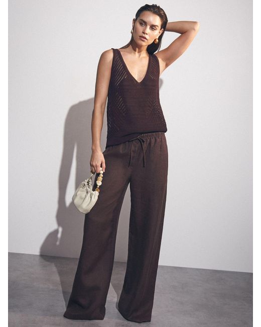 Reiss Blue Linen-Blend Wide-Leg Trousers