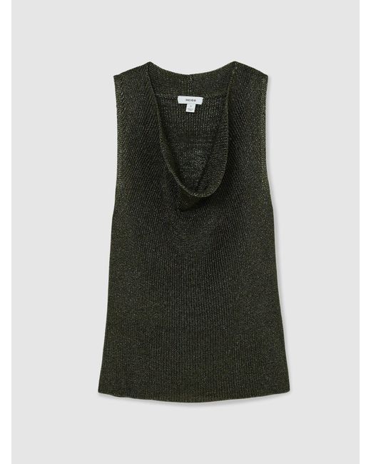 Reiss Black Simone - Green Cowl-neck Metallic-knit Sleeveless Top, S (us 4-6)