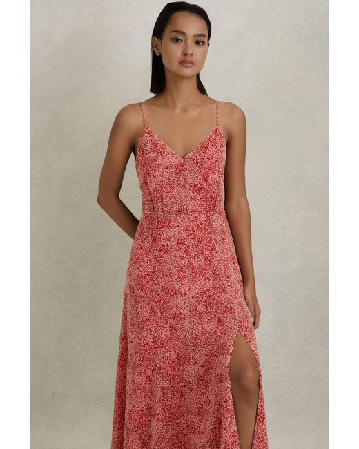 Reiss Red Olivia Floral-print V-neck Woven Midi Dress